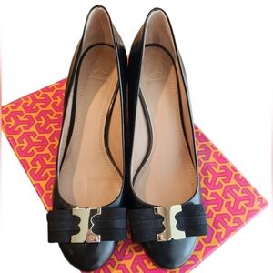 EUC Tory Burch black wedge heels with gold hardware